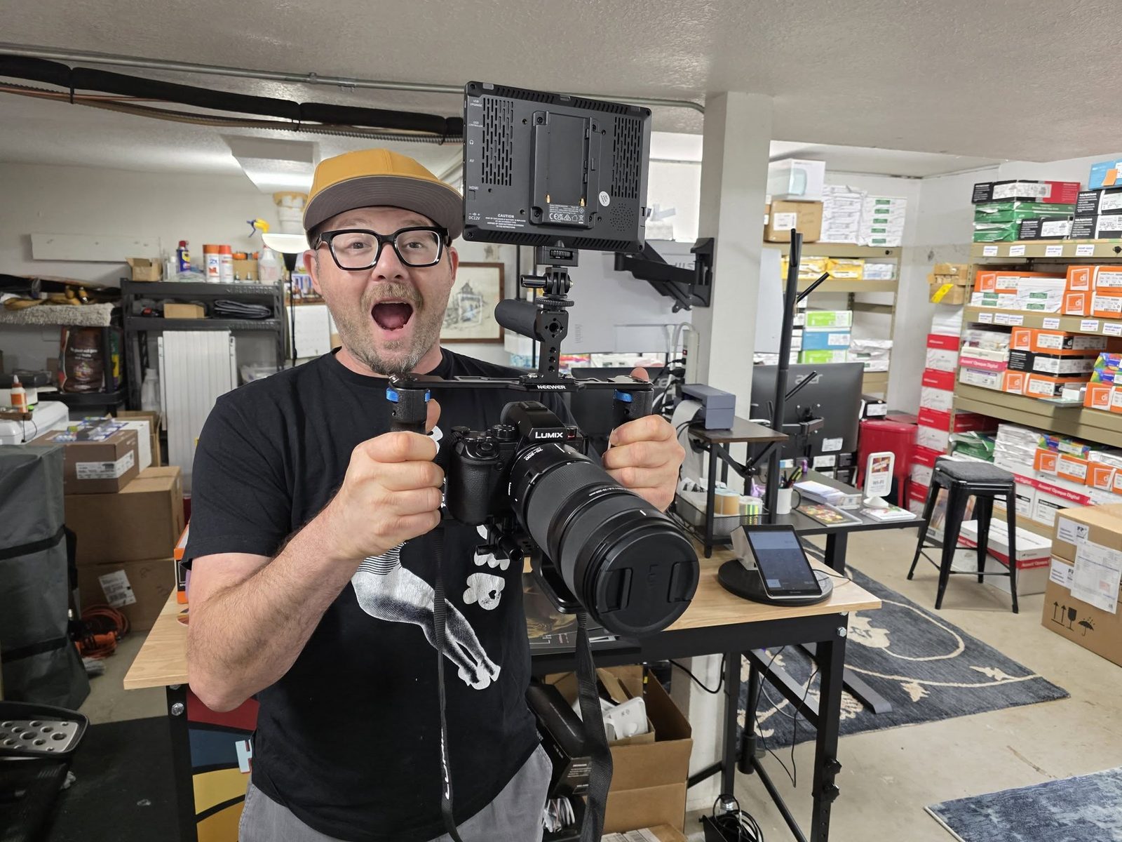 Don in the shop with a cinema camera rig